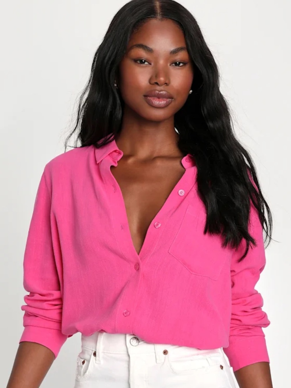 Lulu’s Fave ‘Fit Hot Pink Linen Long Sleeve Collared Button-Up Top Small